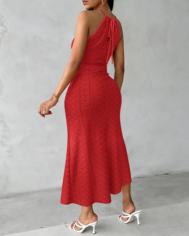 Halter Tie Criss Cross Front Knit Jacquard Textured Slit Dress Casual Hollow-out Draped Vacation Dress