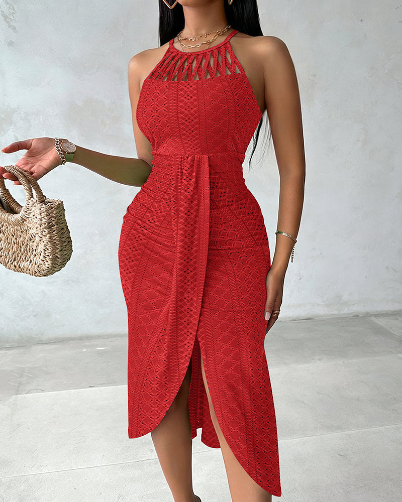 Halter Tie Criss Cross Front Knit Jacquard Textured Slit Dress Casual Hollow-out Draped Vacation Dress