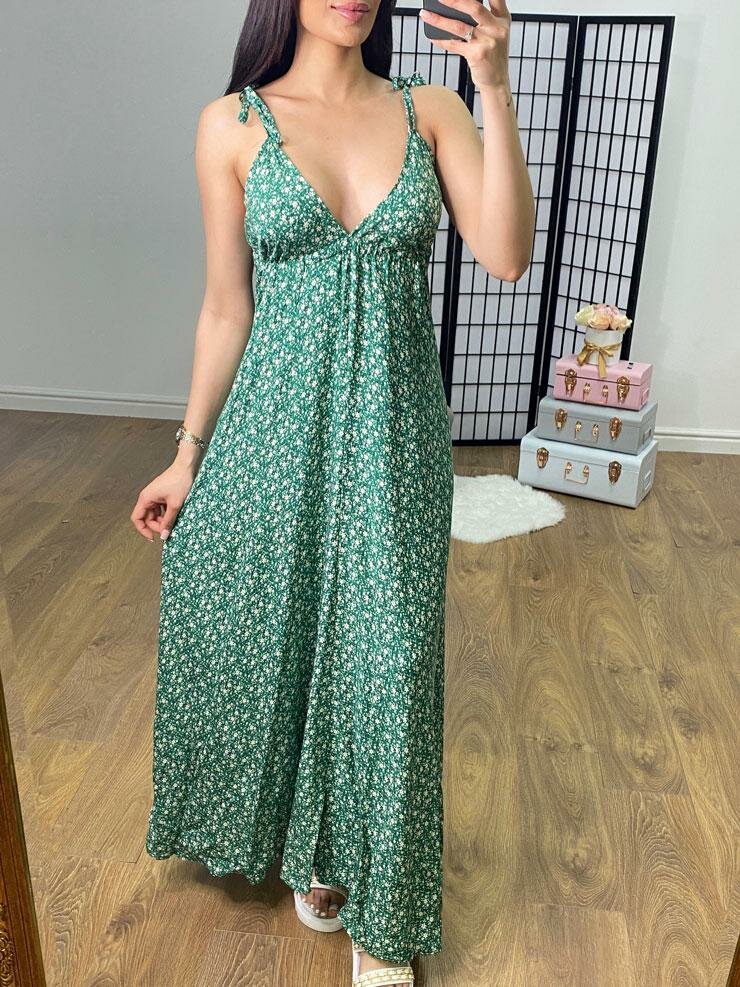 Roxanne Deep V Back Ditsy Floral Print Maxi Dress