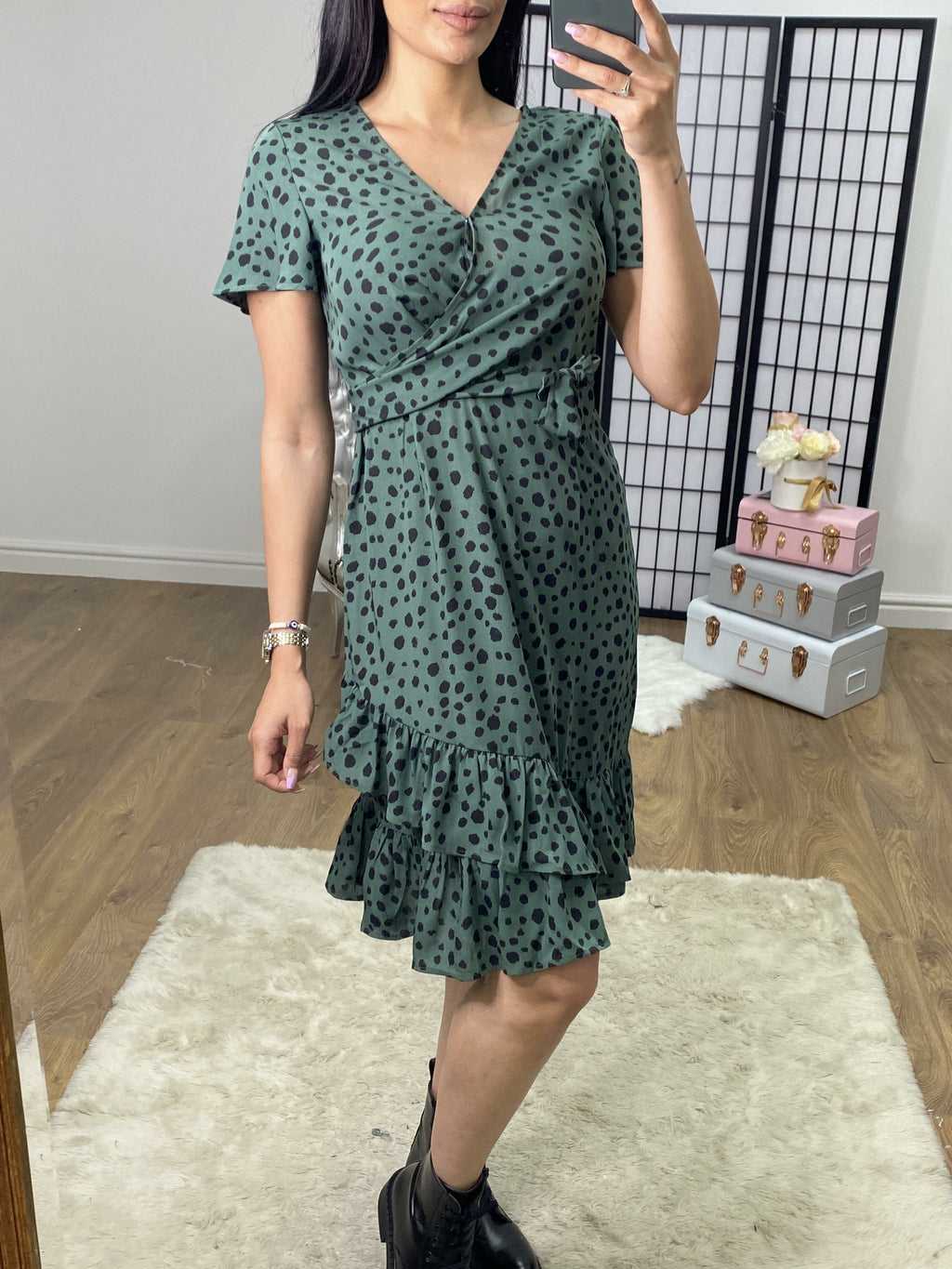 Sebrine Green Polka Dot Printed Ruffle Wrap Dress