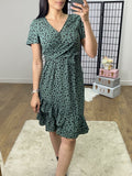 Sebrine Green Polka Dot Printed Ruffle Wrap Dress