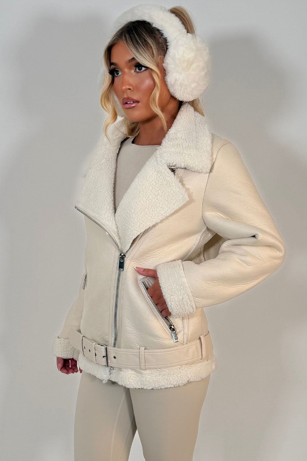 Aviator Jacket With Shearling Detail Beige