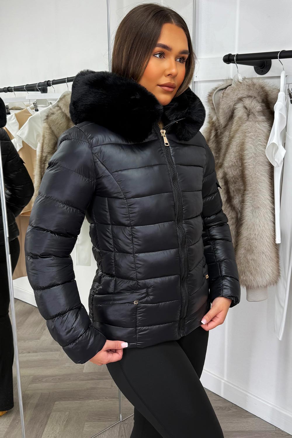 Black Shiny Puffer Jacket With Fur Hood