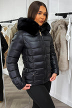Black Shiny Puffer Jacket With Fur Hood