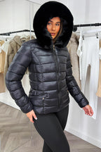 Black Shiny Puffer Jacket With Fur Hood