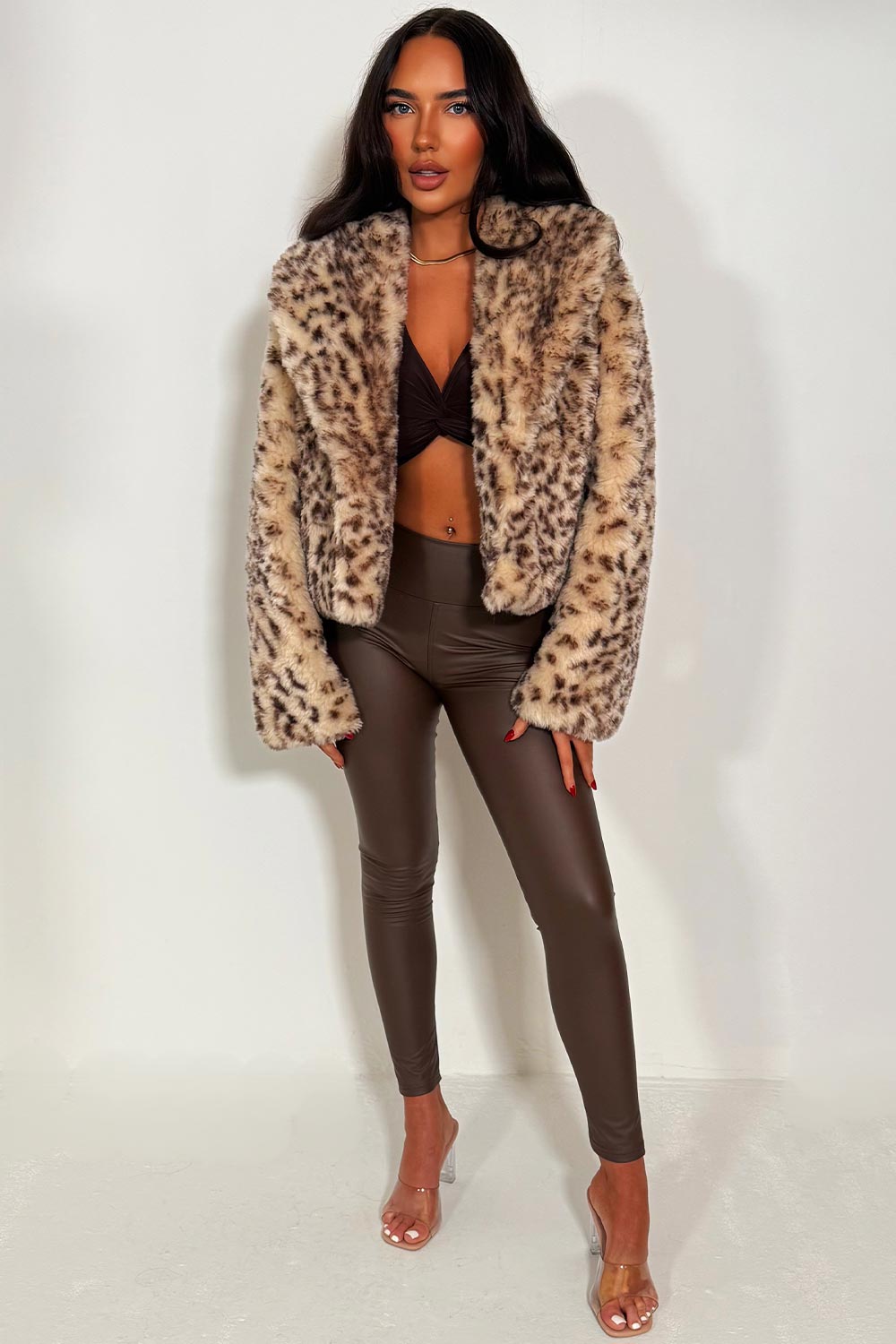 Short Faux Fur Jacket In Beige Leopard Print