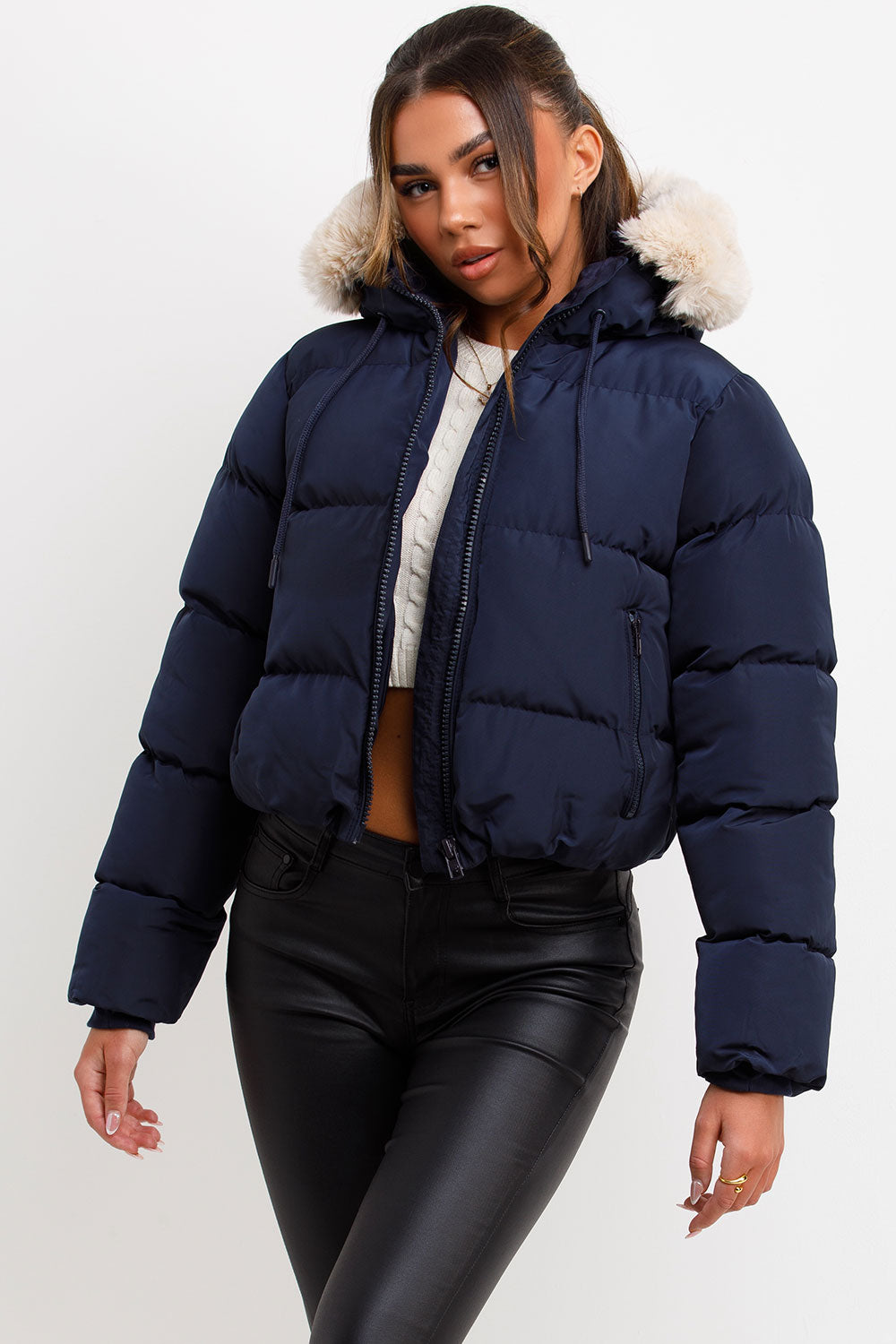 Puffer Jacket With Fur Hood Navy