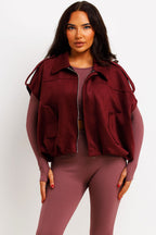 Faux Suede Crop Gilet With Tabs Burgundy