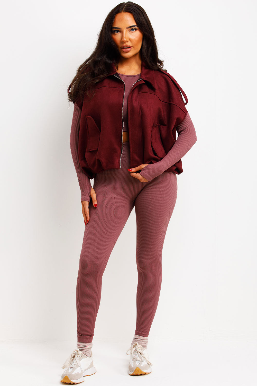 Faux Suede Crop Gilet With Tabs Burgundy