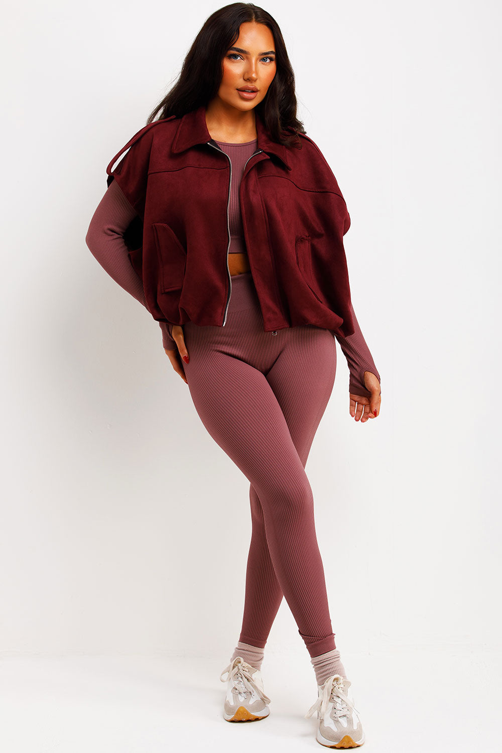 Faux Suede Crop Gilet With Tabs Burgundy