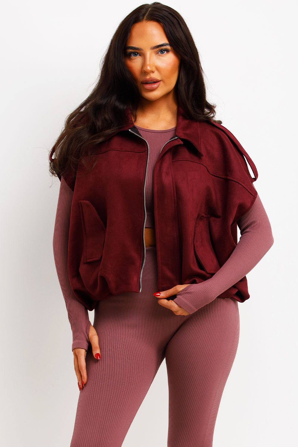 Faux Suede Crop Gilet With Tabs Burgundy