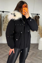 Black Coat With Faux Fur Hood And Drawstring Waist