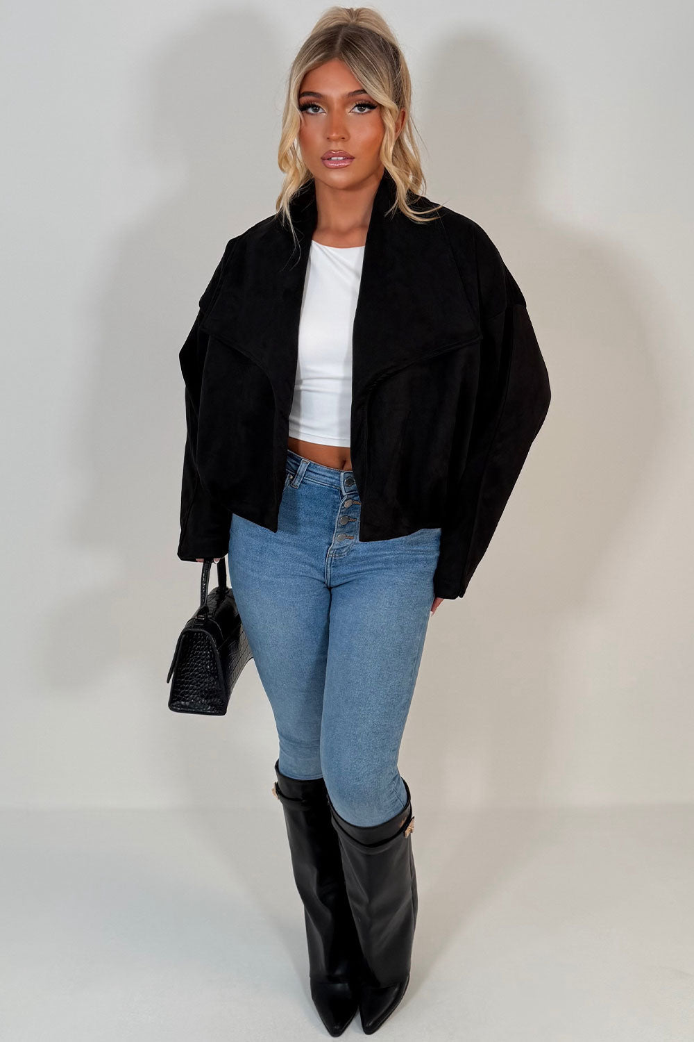 Faux Suede Jacket With Open Front Black
