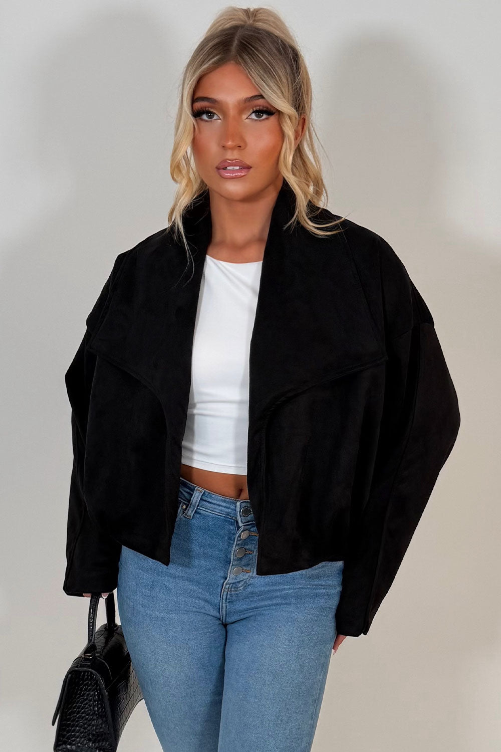 Faux Suede Jacket With Open Front Black