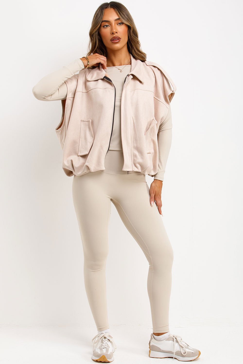 Faux Suede Crop Gilet With Tabs Beige