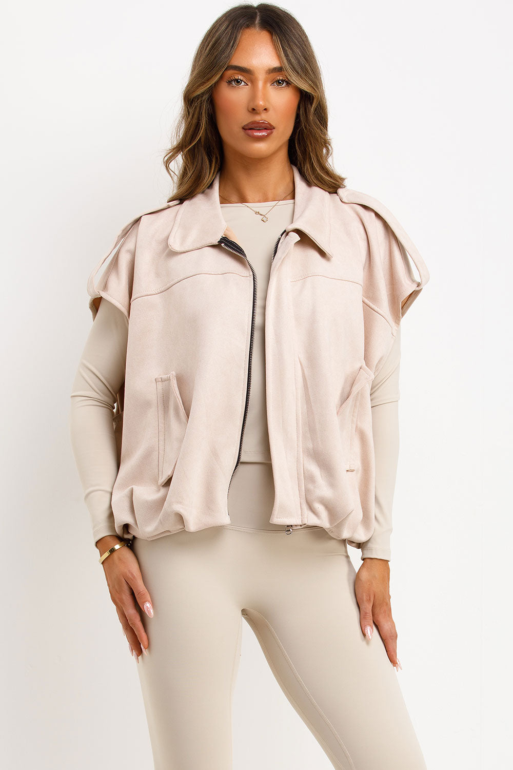 Faux Suede Crop Gilet With Tabs Beige