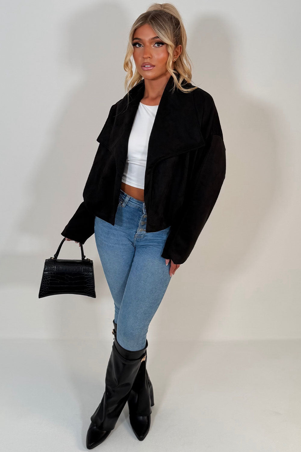 Faux Suede Jacket With Open Front Black