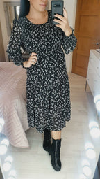 Sunita Black White Floral Print Elasticated Tiered Midi Dress