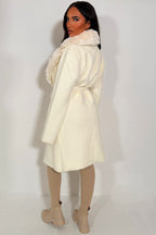 Faux fur Collar Belted Coat With Faux Fur Cuff Off White