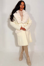 Faux fur Collar Belted Coat With Faux Fur Cuff Off White