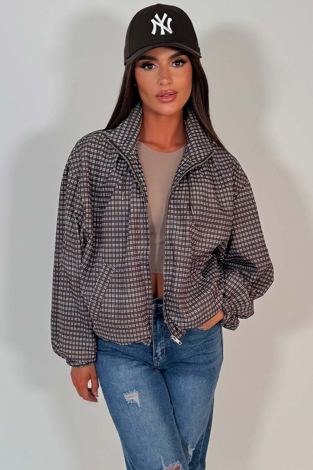 Check Jacket With Funnel Neck