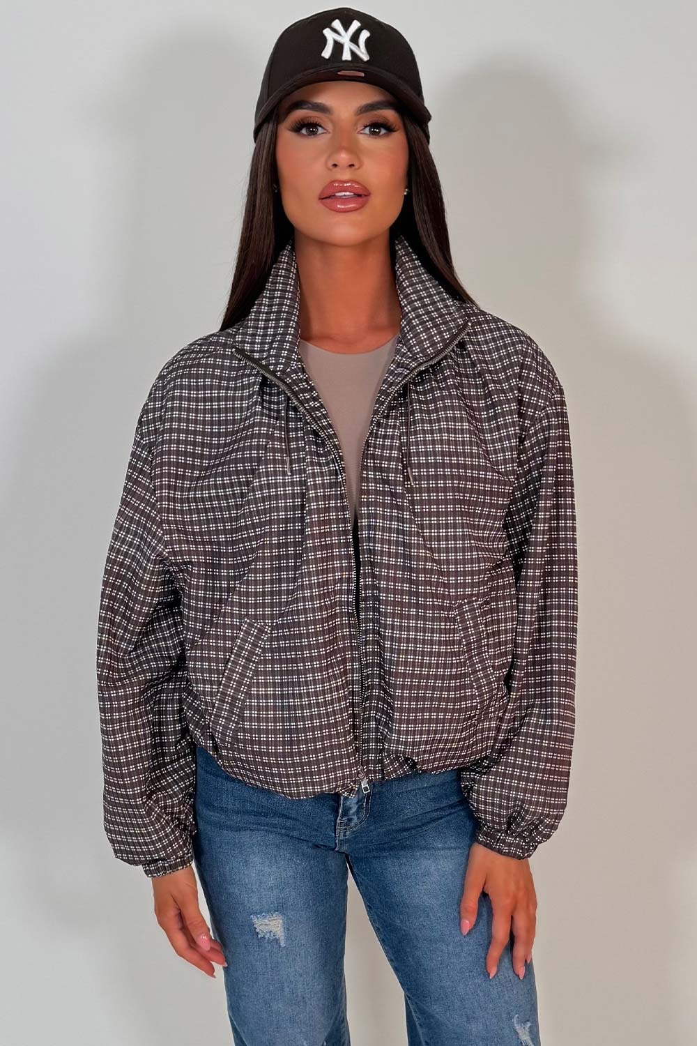 Check Jacket With Funnel Neck