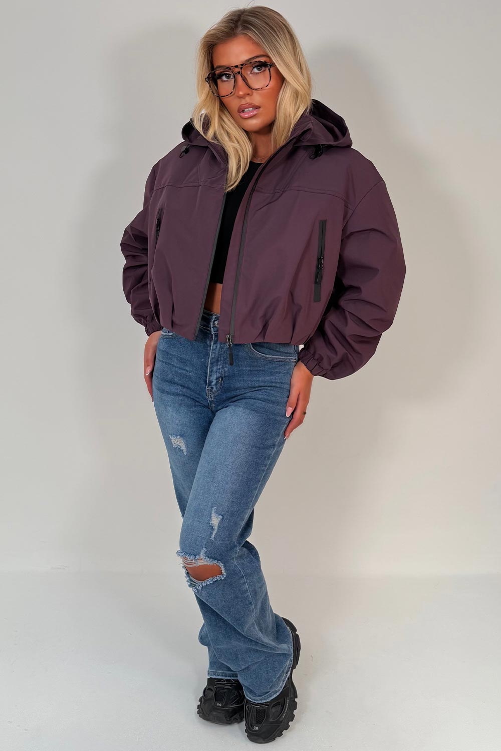 Crop Padded Jacket With Hood Purple