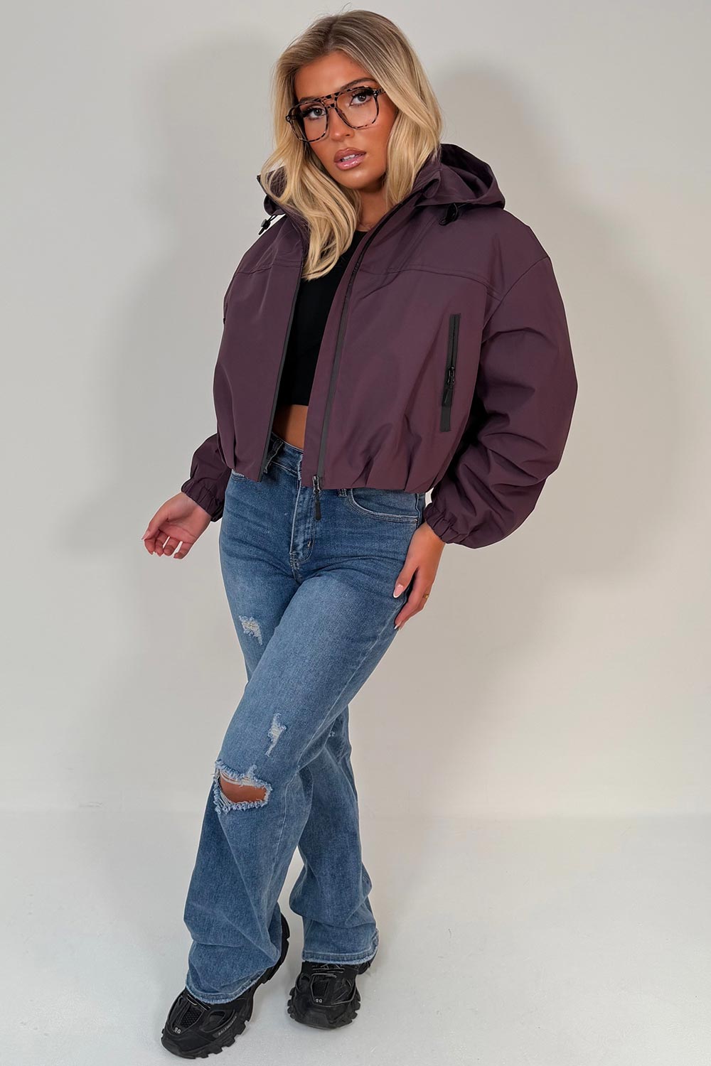 Crop Padded Jacket With Hood Purple