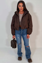 Brown Crop Padded Jacket With Hood