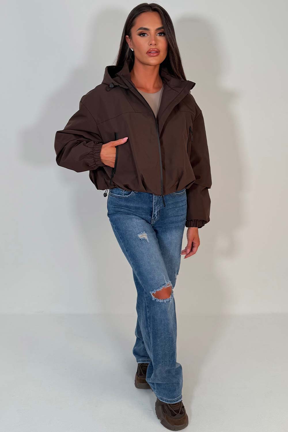 Brown Crop Padded Jacket With Hood