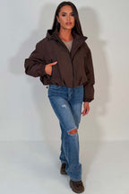 Brown Crop Padded Jacket With Hood