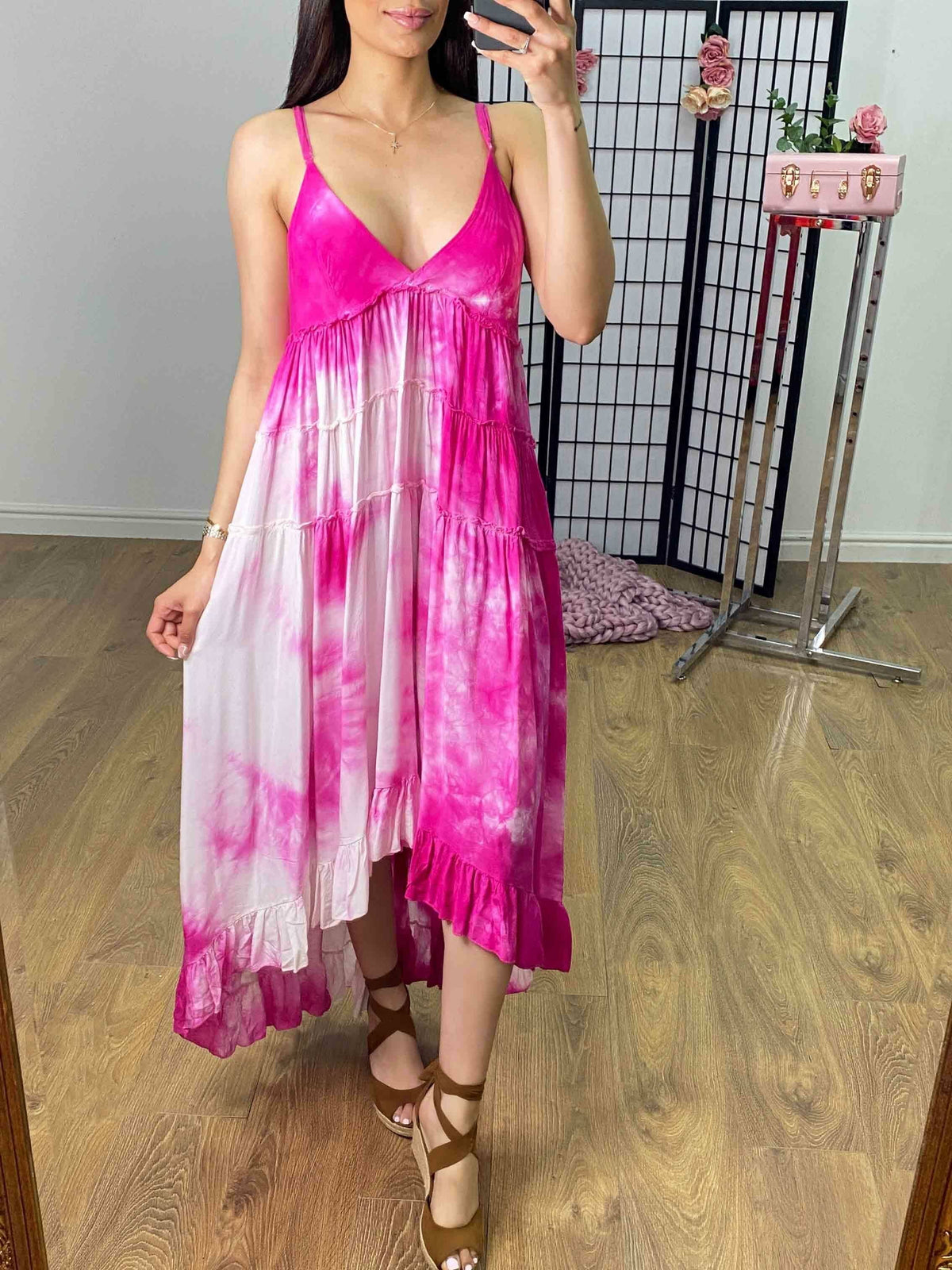 Yeliz Tie Dye Ruffle Dipped Hem Dress