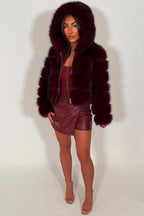 Burgundy Faux Fur Jacket With Hood