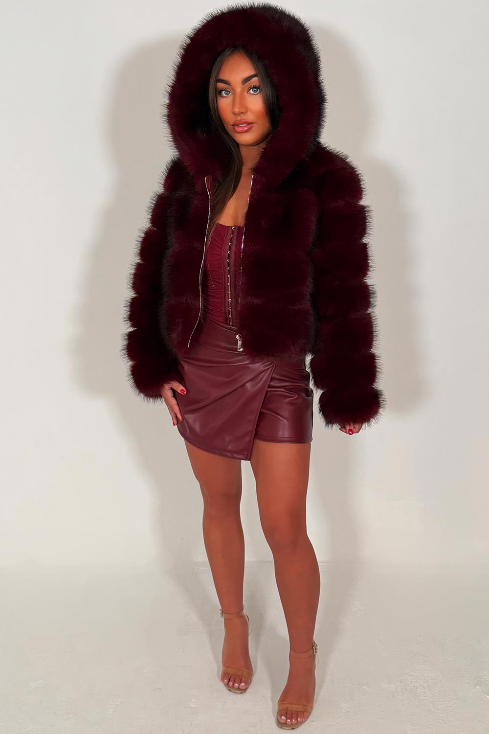 Burgundy Faux Fur Jacket With Hood