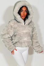 Grey Faux Fur Jacket With Hood