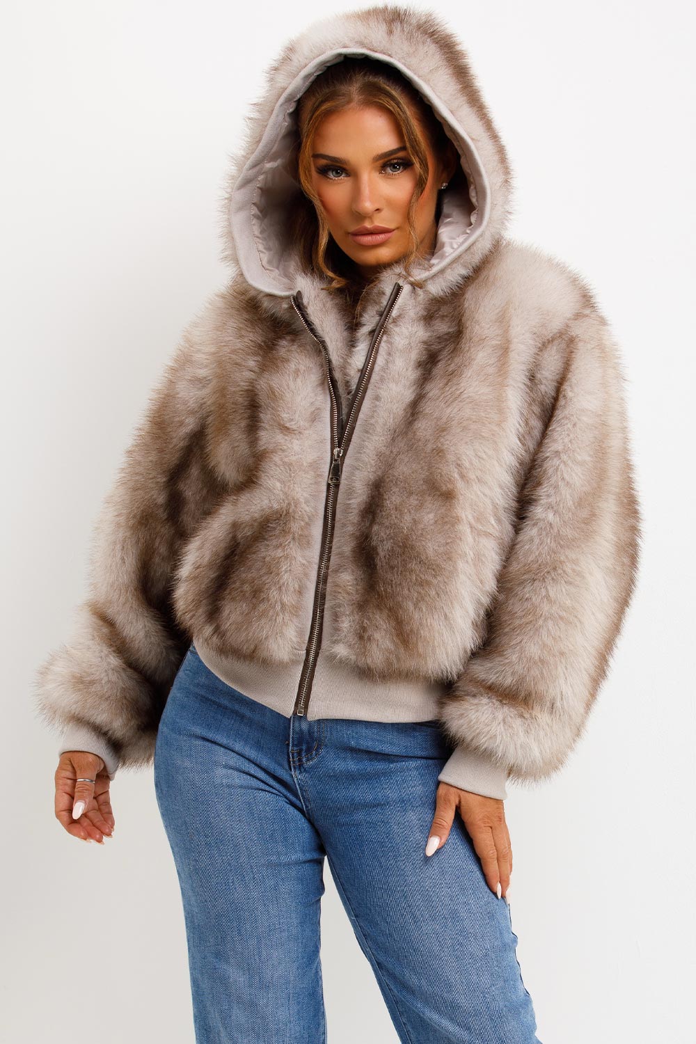 Fur Coat With Hood Beige
