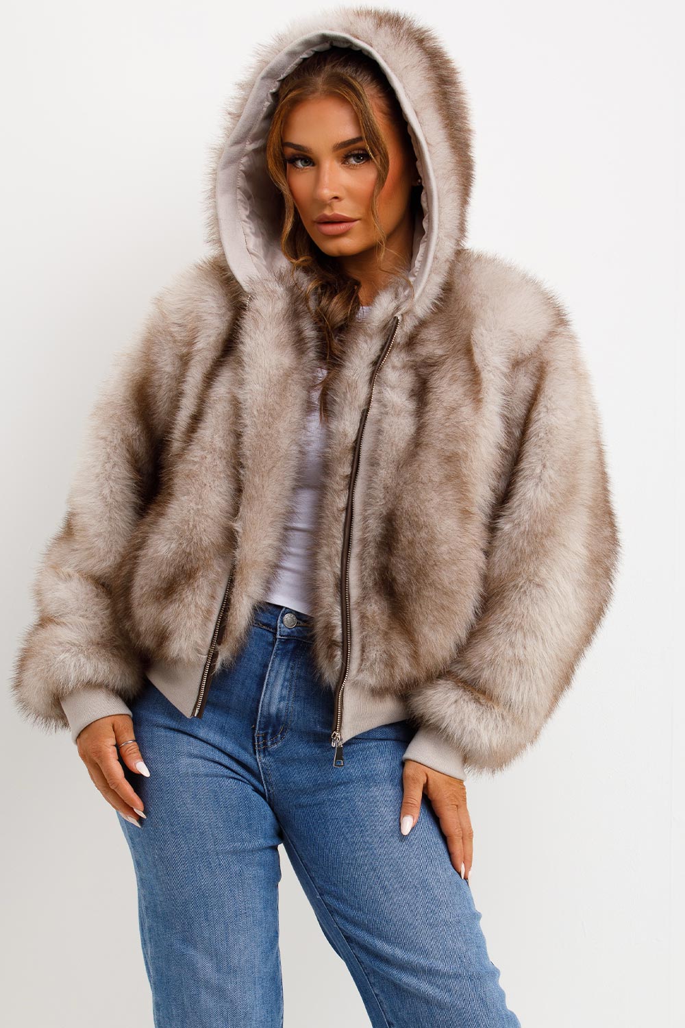 Fur Coat With Hood Beige